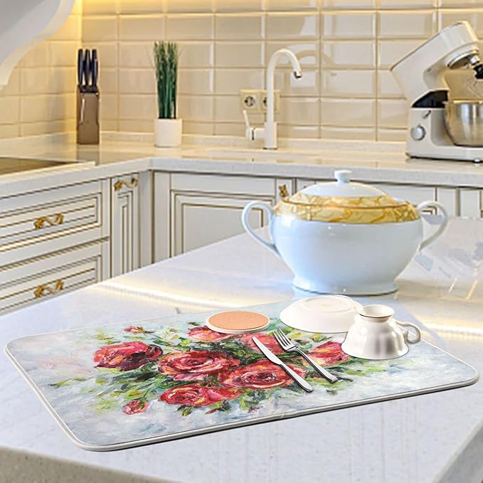 Absorbent Dish Drying Mat for Kitchen Counter - Red Rose Oil Painting Microfiber Drying Pad, Reversible Drainer Mats for Countertop, Large 18" x 24"