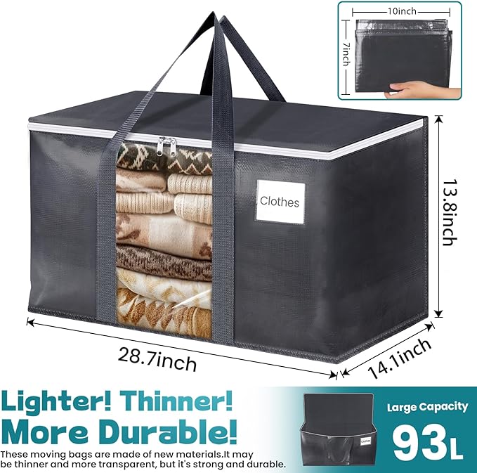 HomeHacks Extra Large Moving Bags with Visible PVC Window, Lightweight but Durable Storage Bags with Reinforced Handles, Storage Totes for Packing, Moving, Storage (93L, 6-Pack)