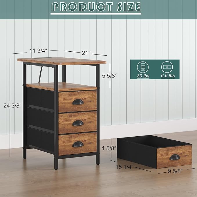 End Table with Charging Station, Side Tables Livingroom with USB Ports and Outlets,Narrow Nightstands Bedside Tables with 3 Drawers for Small Space,Slim Sofa Table Bedroom,Rustic Brown