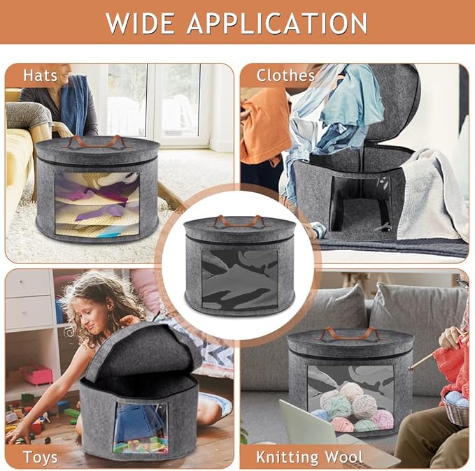 Hat Box, Hat Boxes for Women/Men Storage, 17" D x 10" H, Round Hat Storage Box Container for Closet, Clothes Storage Bin for Stuffed Animal Toy, Foldable Hat Box for Travel with Dustproof Lid (Grey)-NeatNest