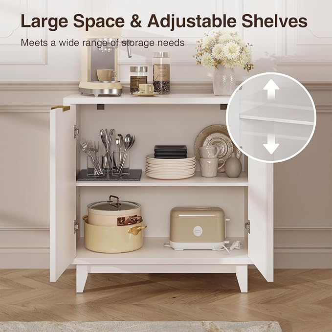 Fluted Cabinet with Storage, 2 Doors Sideboard Buffet, Mid Century Modern Accent Cabinet with Adjustable Shelves, Multifunctional Console Table with Storage for Living Room, Kitchen, Entryway