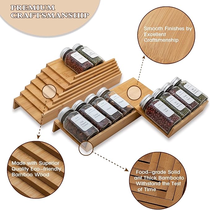Bamboo Spice Rack Drawer Organizer - 8 Pieces Set- 9" Wide Per Piece - Combine Pieces Into 18" Wide Rack (9" or 18")-NeatNest