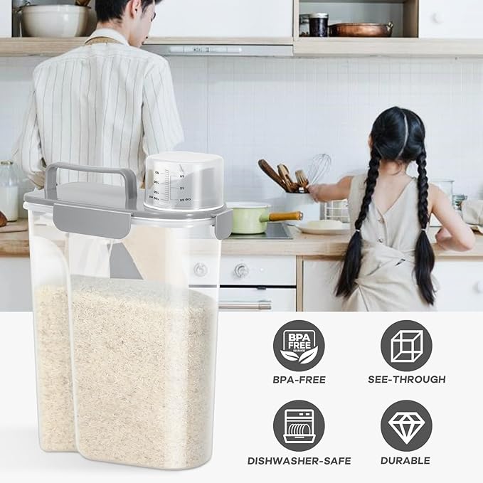 Dog Cat Food Storage Container, 5-7 Lbs Airtight Pet Food Storage Container with Easy-Pouring Spout and Portable Handle, Bird Seed Dispenser, Kitchen Organizer for Rice Cereal Flour -Light Grey-NeatNest