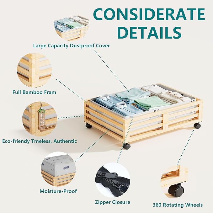 Bamboo Under Bed Storage Containers- Underbed Organizer with Wheels with Large Capacity Dust Bag,Sturdy Wood Rolling Under Bed Shoe Storage Organizer 2 Packs (Nature, 2 Packs (23.62"×16.54"))-NeatNest