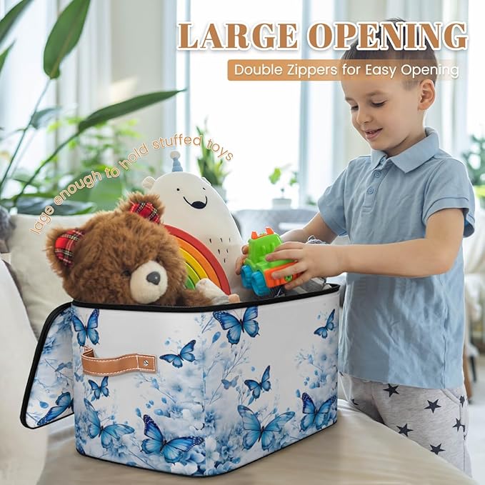Blue Butterfly Storage Bins with Zipper Lid, Spring Floral Lidded Storage Baskets Boxes Foldable Organizer with Leather Handles for Clothes Closet Shelf Toys-NeatNest