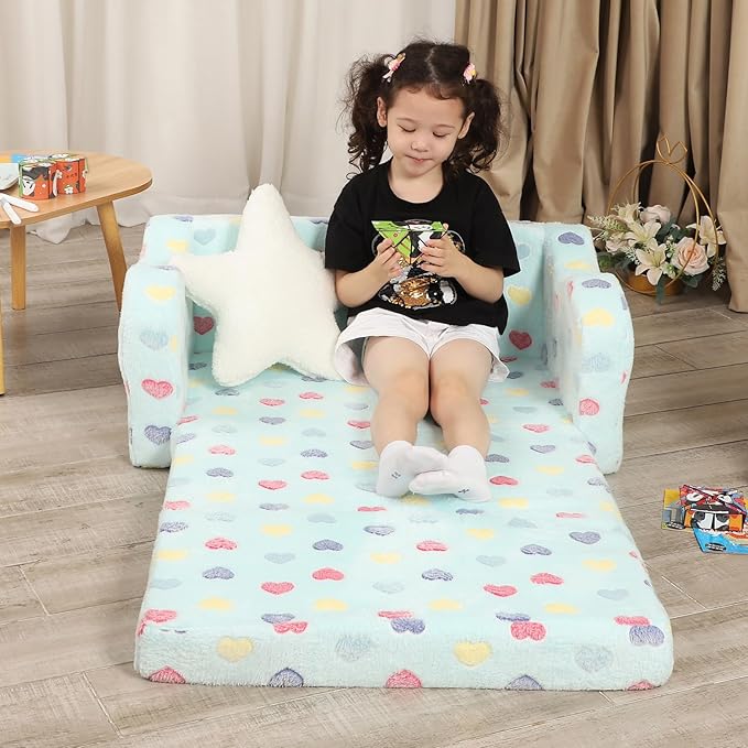 Extra Wider Seating Toddler Couch, 2-in-1 Toddler Soft Couch Fold Out with Star Pillow, Convertible Sofa to Lounger for Girls and Boys-NeatNest