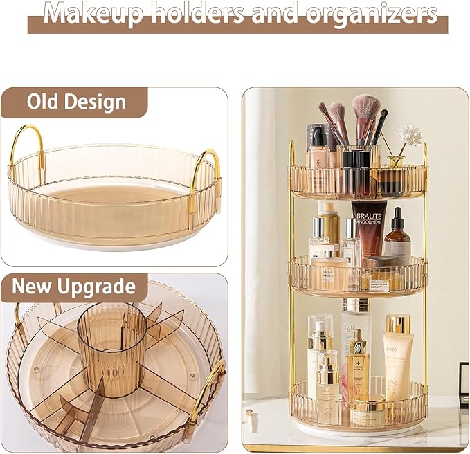 Rotating Makeup Organizer for Vanity, High-Capacity Skincare Clear Make Up Storage Perfume Organizers Cosmetic Dresser Organizer Countertop 360 Spinning (Gold, New-3 Tier)-NeatNest