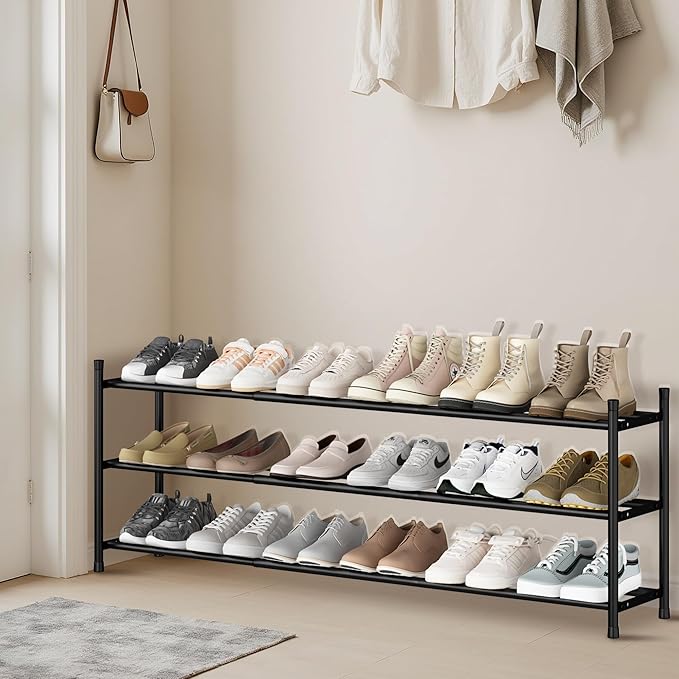 STORAGE MANIAC Long Expandable Shoe Rack, 18 Pairs Metal Wide Stackable Shoe Rack, Adjustable Shoes Shelf, Freestanding Shoes Organizer for Closet, Entryway, Hallway, Garage, Front Door, 3 Tiers-NeatNest