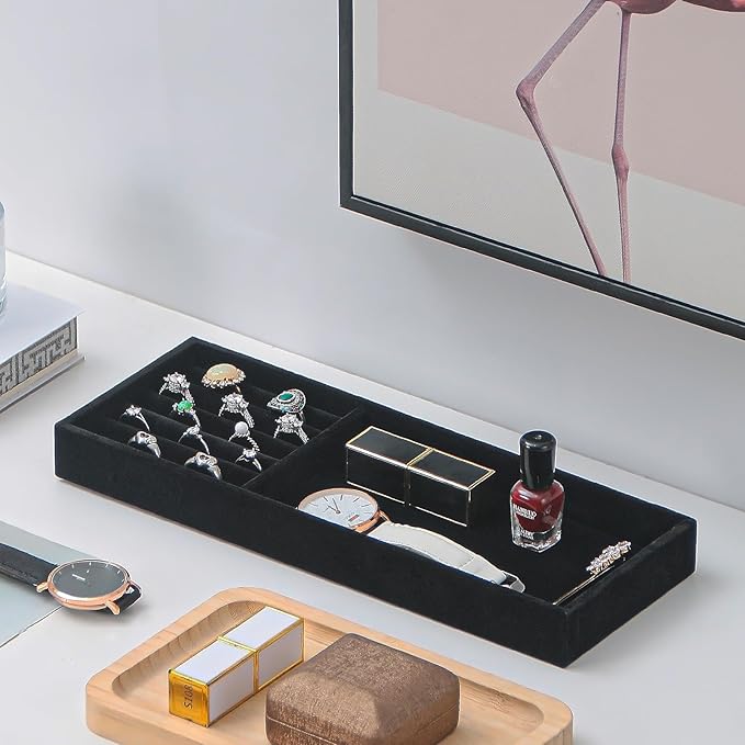 2Pcs Desk Drawer Storage Tray, Nightstand Organizer Tray, Necklace Bracelet Ring Earring Jewelry Display Tray, Grid Table Organizer Holder Tray for Sunglass, Phone, Watch, Perfume (2 grid)/Black-NeatNest