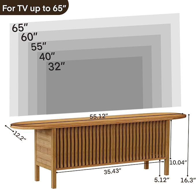 Bamboo TV Stand for TVs up to 65", Accent Entertainment Center with Storage, Media Console Table with Fence Door, Modern TV Stand for Living Room, Bedroom, 55"(L), Walnut-NeatNest