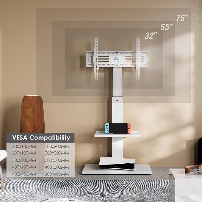 FITUEYES Floor TV Stands with Swivel Tilt Mount for 32 39 40 43 49 50 55 60 65 70 75 Inch LCD LED TVs with Iron Base Adjustable Shelf Universal Television Stands for Bedroom and Living Room (White)