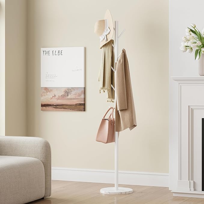 ELYKEN Coat Rack Freestanding with Natural Marble Base, Metal Coat Rack Stand with 10 Hooks, 3 Adjustable Size Coat Tree for Bags, Clothes, and Hats for Entryway, Bedroom, Hallway, Office, White-NeatNest
