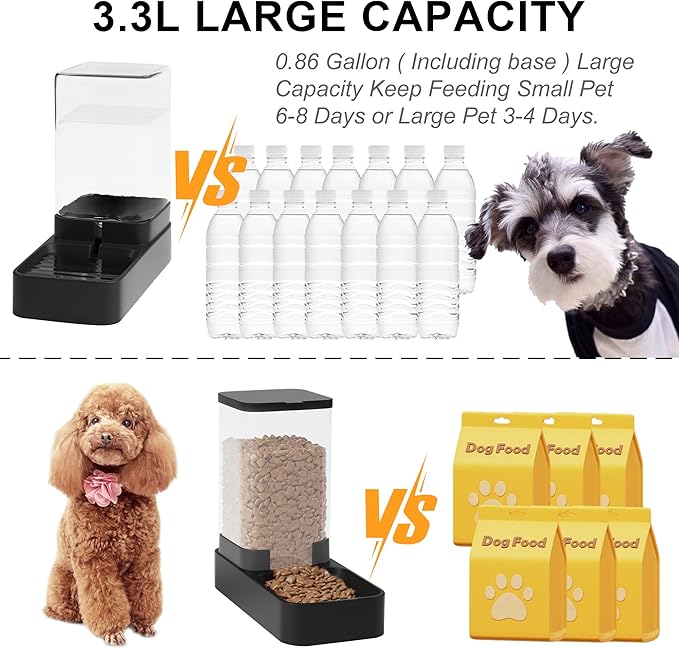 Automatic Cat Feeder and Water Dispenser in Set with Pet Food Bowl,Gravity Dog Waterer and Food Feeder for Small Medium Dog Cat Puppy Kitten Large Capacity(3.3L,Black)-NeatNest