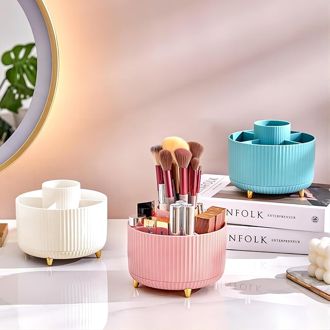 DASITON Large Capacity Makeup Brush Holder,360° Rotating Makeup Organizer,5 Slot Makeup Brushes Cup,for Vanity Decor,Bathroom Countertops,Desk Storage Container,Cosmetic Display cases(Pink)-NeatNest