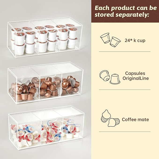 BEYGORM Acrylic Coffee Pod Holder with Lid for 24 Kcup, Clear Coffee Capsule Storage Organizer,3 Compartments Coffee Bar Station Organizer Compatible with Coffee Pod, Coffee Creamer-NeatNest