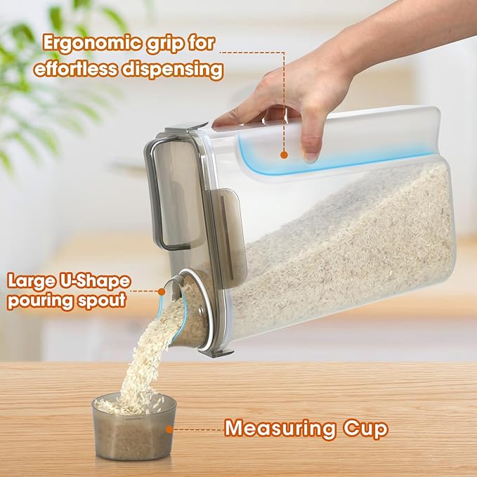 Rice Storage Container 10 Lbs, Airtight Food Dispenser with Large Spout and Cup for Rice, Cereal, Flour, Oatmeal, Pet Dog Cat Food Storage-NeatNest