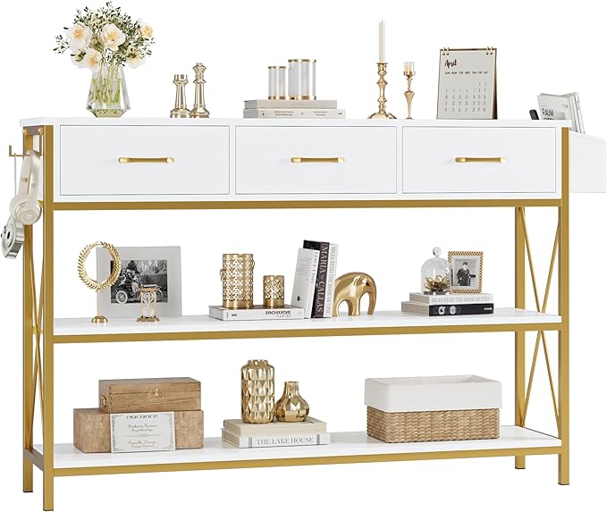 HITHOS 47.2" Console Table with 3 Drawers, Narrow Long Entryway Table with 3-Tier Storage Shelves, Industrial Sofa Foyer Table for Living Room, Hallway, Entry Way, Foyer, Kitchen, White/Gold-NeatNest