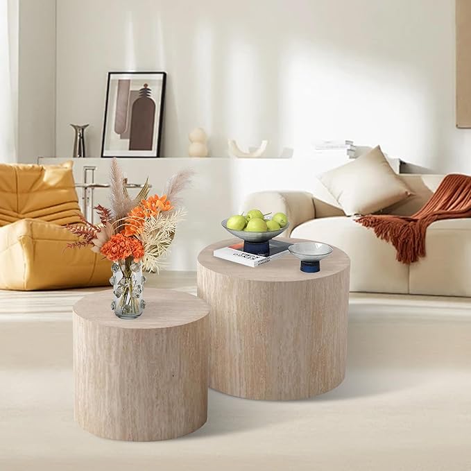 Nesting Coffee Table Set of 2 Modern Small Round Coffee Table and End Table Sets Wooden Drum Side Tables Circle Accent Center Tables for Living Room Apartment,No Assembly,Travertine