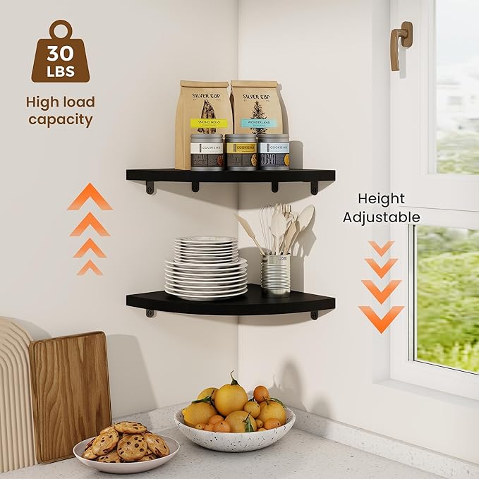 Fun Memories Corner Shelf Wall Mount Set of 2 - Solid Oak Wood Floating Corner Shelf with Cable Hole, 10in Rustic Design for Bedroom, Living Room, Kitchen (Black)-NeatNest