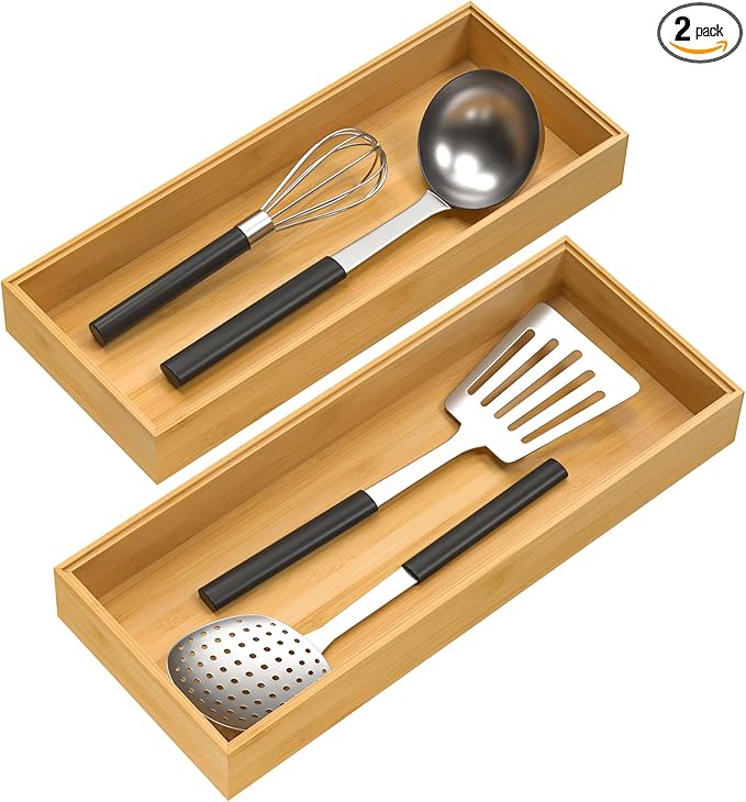 Bamboo Drawer Organizer, Stackable Utensil Organizer for Kitchen, Bamboo Storage Box Wood Silverware Tray for Drawer 15" x 6" x 2" Set of 2-NeatNest
