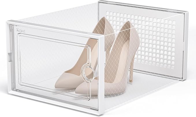 Kuject X-Large Shoe Storage Boxes Organizers Clear Plastic Stackable 12 Pack, Shoe Rack & Holder Substitute, Sneaker Containers, Toy Storage Organizer Bins for Entryway, Closet, Under Bed, White-NeatNest
