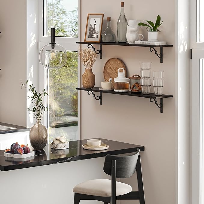 DINZI LVJ Long Wall Shelves, 23.6 Inch Large Floating Shelves Set of 2, Wide Display Shelf Wall Mounted with Brackets, Easy Hanging for Living Room, Toilet, Office, Bedroom, Espresso-NeatNest