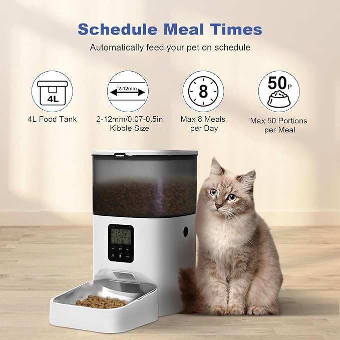 Automatic Cat Feeder, 4L Cat Food Dispenser with 10s Voice Recorder, Pet Feeder up to 8 Meals per Day, Timed Cat Feeder with Dry Food Sealed Ring (Jade White, 4L)-NeatNest