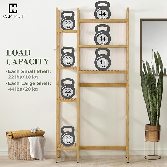 CAPHAUS Over -The -Toilet Storage Shelf,7-Tier Bamboo Bathroom Organizer Shelf Rack Over Toilet with Adjustable Feet & Hooks, Freestanding Toilet Shelf for Bathroom Laundry Balcony Plant Stand,Black-NeatNest