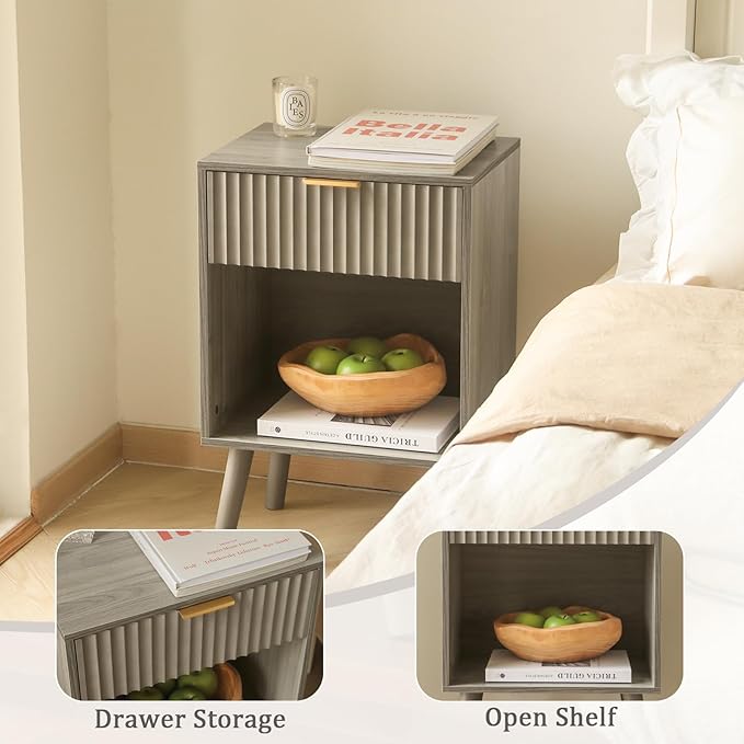 Grey Wood Nightstand with Charging Station, Modern Bedside Table with Fluted Drawers and Storage Shelf, End Side Tables Living Room for Bedroom, Office (Grey)