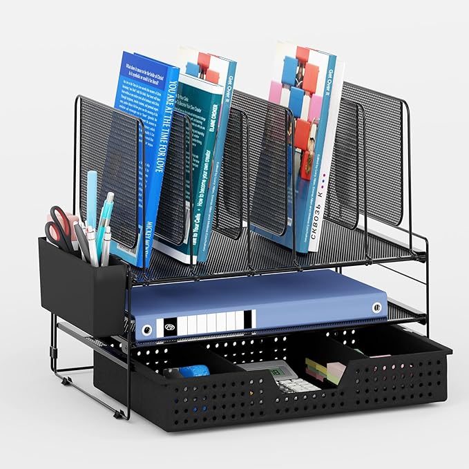 Desk Organizer, Office Organization with Vertical File Holder, File Organizer with Drawer and Pen Holder, Desk Accessories and Workspace Organizers for Home Office (Black)-NeatNest