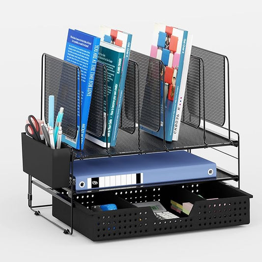 Desk Organizer, Office Organization with Vertical File Holder, File Organizer with Drawer and Pen Holder, Desk Accessories and Workspace Organizers for Home Office (Black)-NeatNest
