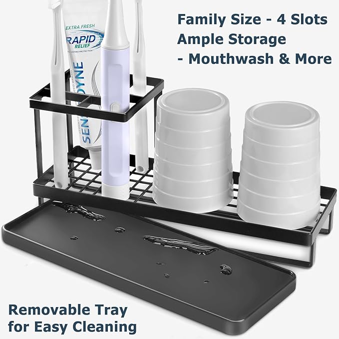 MYITYARD Toothbrush Holders for Bathrooms, 4 Slots Rustproof Metal Tooth Brushing Organizer with Drainage, Electric Tooth Brush Toothpaste Holder for Bathroom Countertop, Black