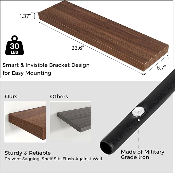 Floating Shelves for Wall, 24"W x 6.7"D x 1.4"H, 2 Pack of Long Wall Mounted Engineered Wood Shelves with Invisible Brackets for Living Room, Bedroom, Bathroom, Kitchen Decor and Storage, Walnut-NeatNest