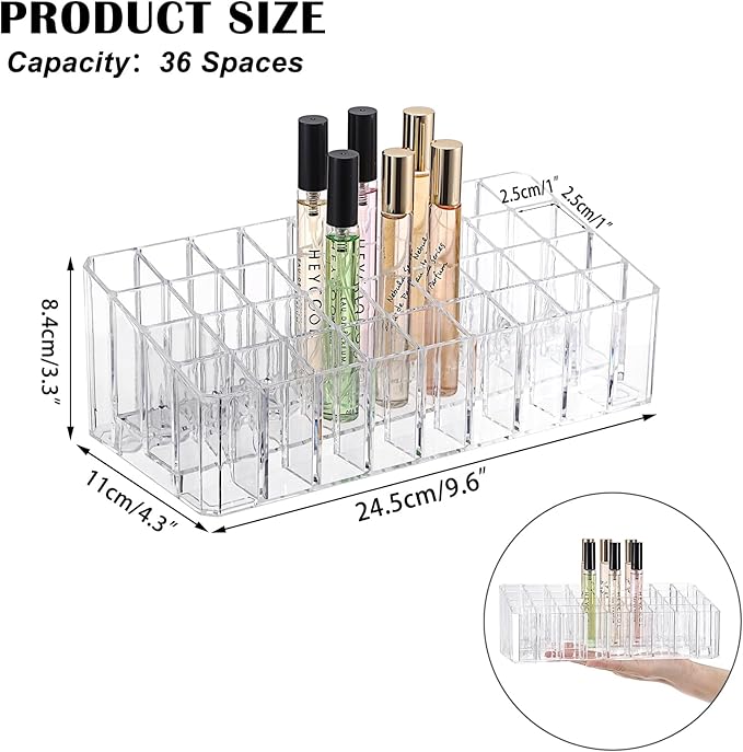 ELLDOO Rollerball Perfume Organizer, 36 Spaces Clear Acrylic Perfume Storage Holder Beauty Scent Holder, Makeup Lipgloss Lipstick Display Case-NeatNest