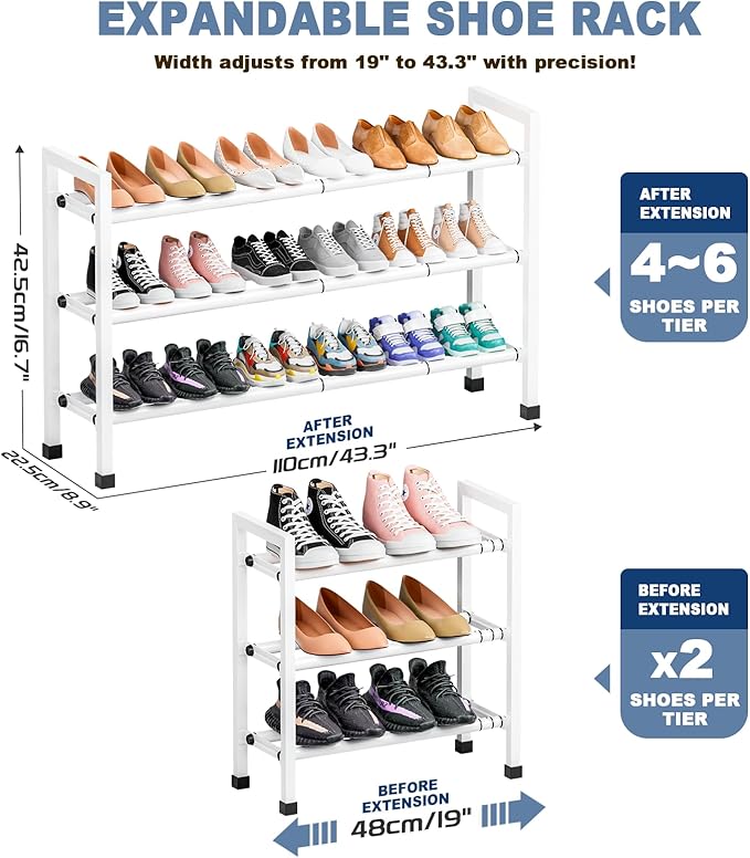 Mavivegue 3-Tier 19"-43.3" Adjustable Shoe Rack for Closet,Expandable Shoe Rack, Hall Entryway,Front Door,Garage, Sturdy Steel Space-Saving Rack, White-NeatNest