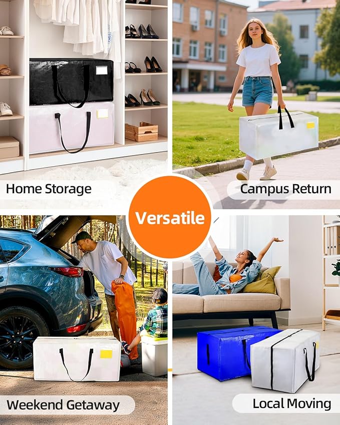 12 Pack Extra Large Moving Bags, Heavy Duty Packing Bags with Zippers and Handles for Space Saving, Clothes Storage, College Essentials, Travel, Clear