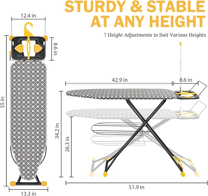 APEXCHASER Ironing Board, Foldable Iron Board with Iron Rest, Metal Panel Ironing Board, Adjustable Height Heavy Duty Irons Board with Germent Rack, Heat & Scorch Resistant Cover, 13x43 Yellow