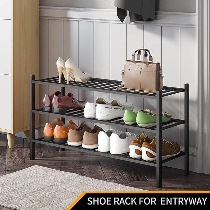 Long Shoe Rack, 3-Tier Bamboo Stackable Shoe Shelf Storage Organizer, Shoe Stand for Closet, Entryway and Hallway-NeatNest