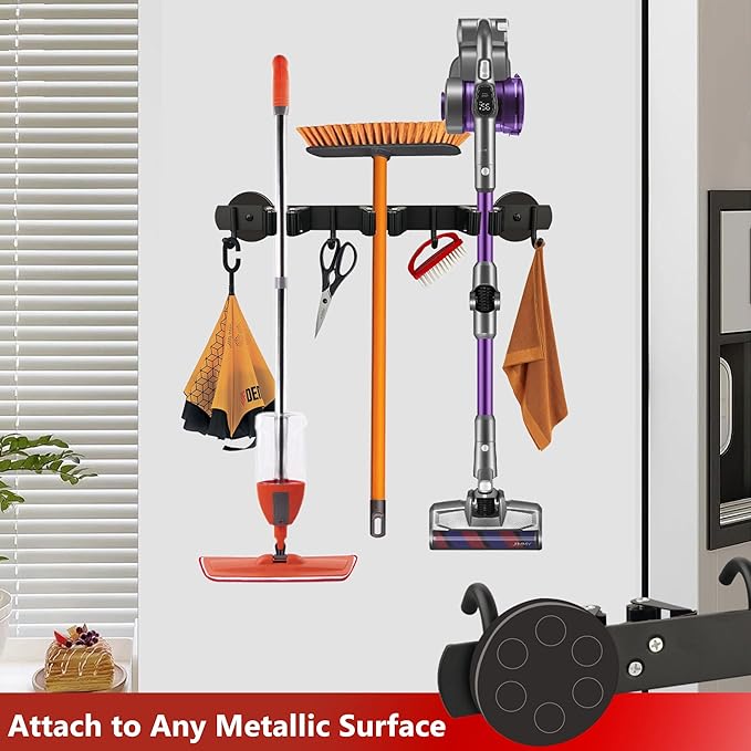 ULIBERMAGNET Magnetic Mop Broom Holder,Heavy Duty Movable Magnetic Broom Holder Rack,Anti-slip Wall Mounted Utility Storage Mop Shovel Hanger for Garage, Kitchen, Laundry, Garden(3 Racks / 4 Hooks)