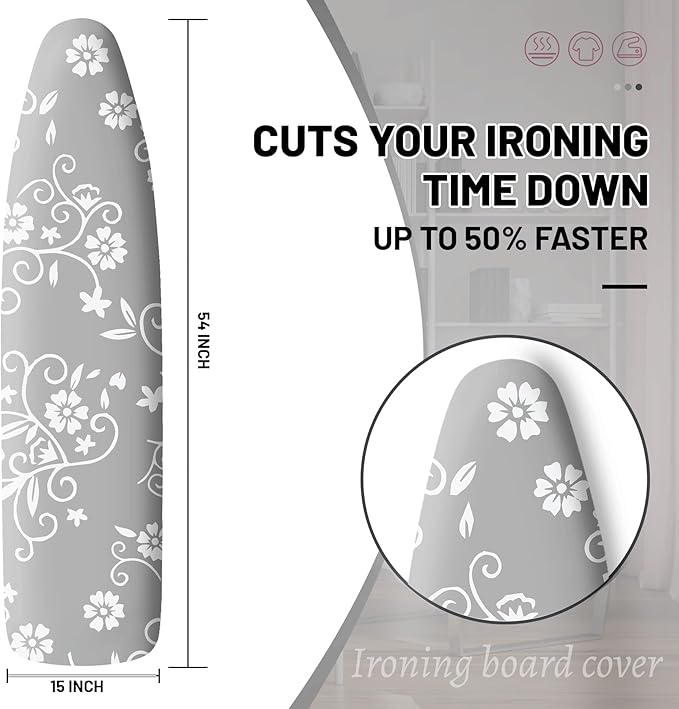 Extra Thick Ironing Board Cover and Pad, 15x54 Ironing Board Cover, Resist Scorching and Staining,Elastic Edges,Grey Flower Modern Art