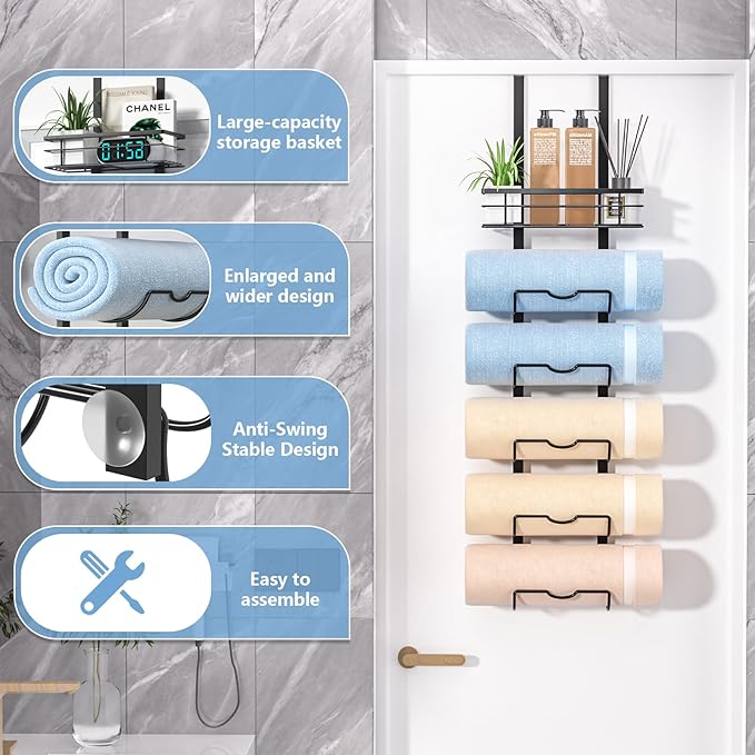 6-Tier Over The Door Towel Rack,Towel Racks for Bathroom, Metal Towel Holder with Storage Basket,Towel Storage for Small Bathroom,Towel Rack for Rolled Towels,Black, TM-6B