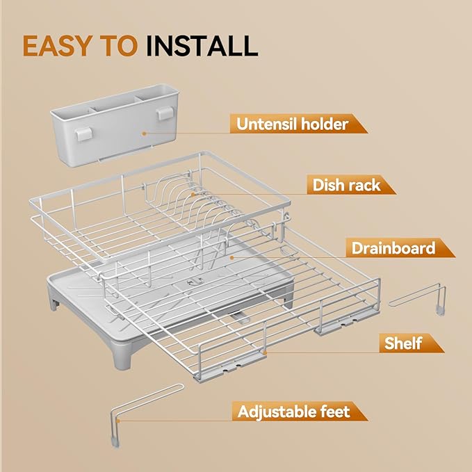 Dish Drying Rack - Expandable Rack, Large Capacity Dish Drainer for Kitchen Counter, Rust-Proof with Utensil Holder, Gray
