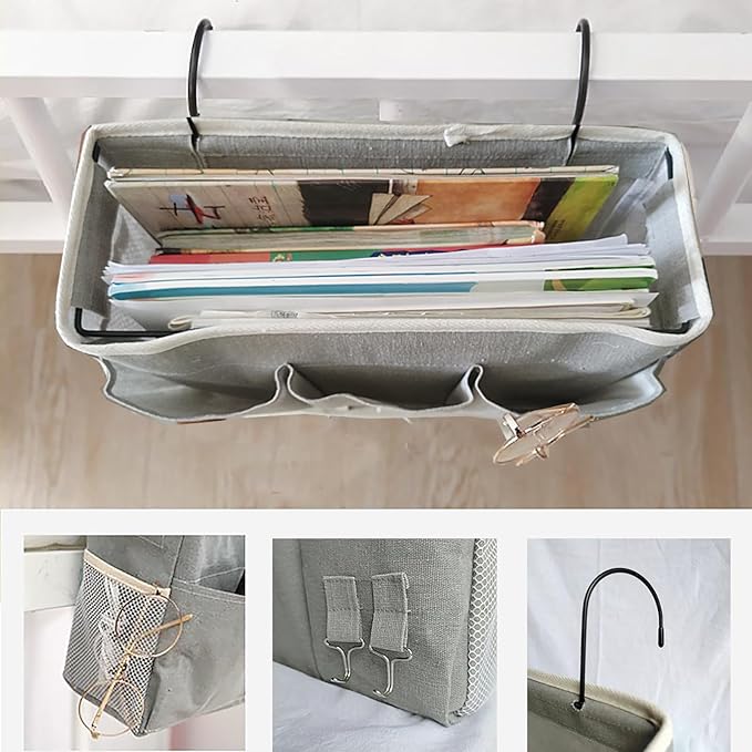 Bedside Caddy, Bedside Hanging Storage Organizer forBunk and Hospital Beds,College Dorm Bed,Can be Placed Glasses Books Mobile Phones (Grey 2)-NeatNest