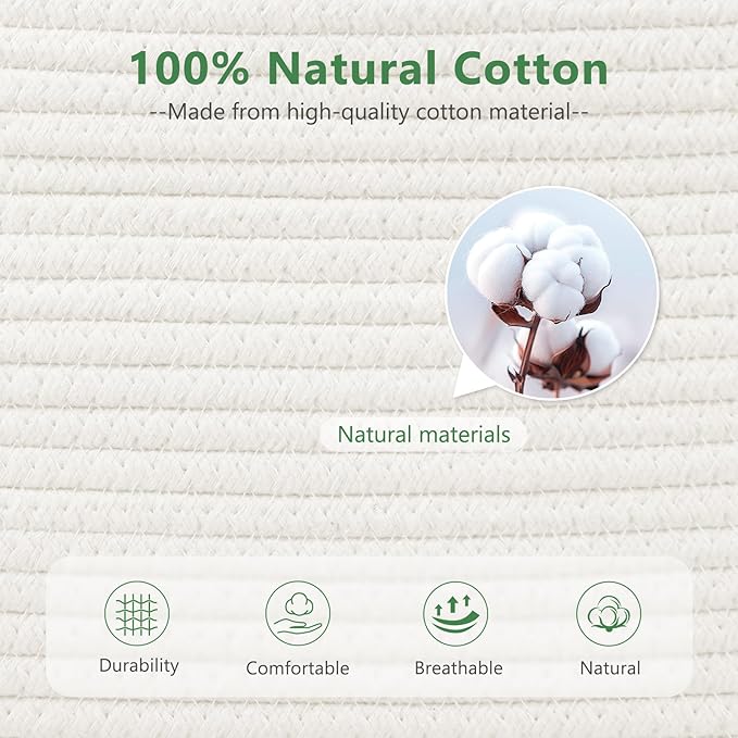 Cotton Rope Basket , Storage Baskets with Handle, 15x10x9 Inch Woven Basket for Shelves, Laundry, Towels, Clothes, Books, Toys (White 2Pack)-NeatNest