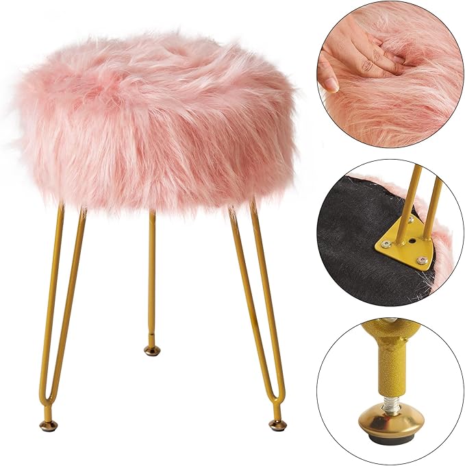IBUYKE Faux Fur Vanity Stool Chair, Furry Makeup Stool Ottoman, Soft Padded Seat, Round Footrest Footstools with 4 Metal Legs, for Living Room Bedroom Entryway, Pink LG-32P