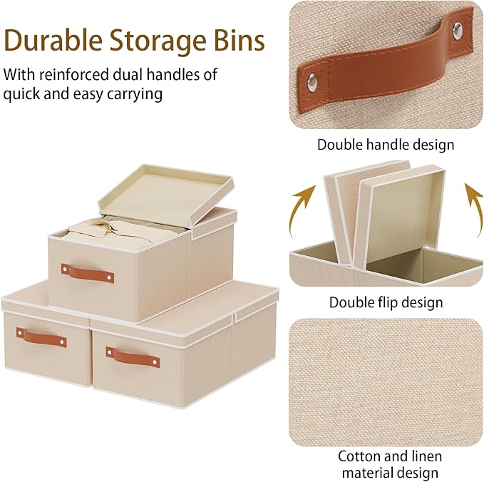 3-Pack Storage Boxes, Foldable Blanket Basket with Detachable Lid, Linen Closet 0rganizers with Double Handles, Collapsible Cubes for Organizing, Beige, 18.5 x 11 x 7.9 inch-NeatNest