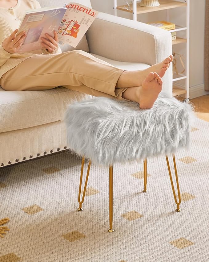IBUYKE Rectangular Faux Fur Vanity Stool with Storage, Furry Makeup Chair Ottoman, Soft Padded Seat, Round Footrest Footstools with 4 Metal Legs, for Living Room Bedroom Entryway, Gray WBD022G