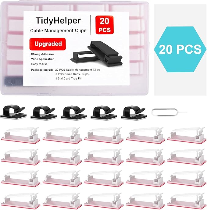 Under Desk Cable Management Clips, Wire Organizer Clips for PC Network Cable Mamagement, Large Adhesive Cable Clips Wire Holders (Computer, TV, Ethernet, Electric Wires), White, 20 PCS-NeatNest