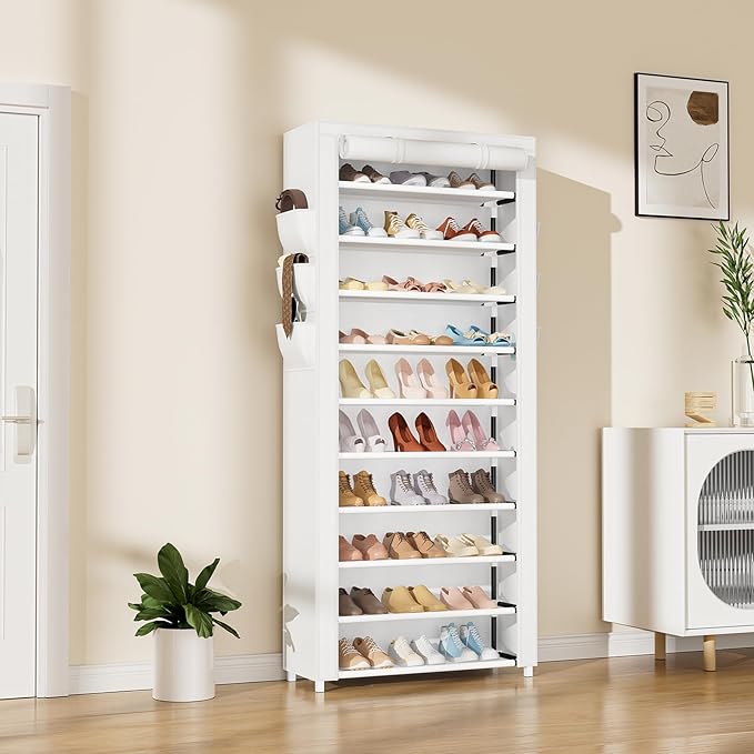 VTRIN Vertical Narrow Shoe Rack Organizer Tall Shoe Rack for Closet Entryway 10 Tier Non-Woven Cover Shoe Shelf Holds 36-41 Pairs Free Standing Shoe Storage Cabinet with Dustproof Cover, White-NeatNest
