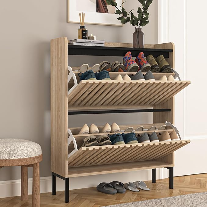 Vibe & Dine 2 Flip Drawer Shoe Cabinet, Narrow Shoe Organizer with Metal Legs, Freestanding Shoe Storage Cabinet for Entryway Slim, Wood Shoe Rack Cabinet for Hallway, Bedroom-NeatNest